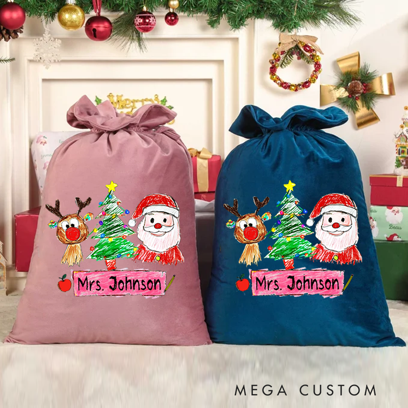 Personalized Velvet Santa Sack Christmas Gift Bag for Teachers Rudolph Christmas Tree Santa Claus Design Gift Bags Christmas Party Supplies Favors