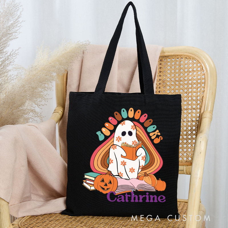 Personalized Booooks Tote Bag Custom Reading Ghost Bag with Name Reading Shopping Bag Book Lover Halloween Gift Librarian Gift