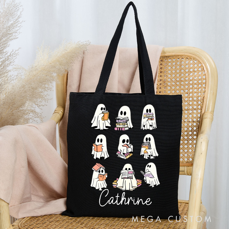 Personalized Ghost Reading Tote Bag Custom Halloween Ghost Bag with Name Halloween Bookish Bag Book Lover Halloween Gift Librarian Gift
