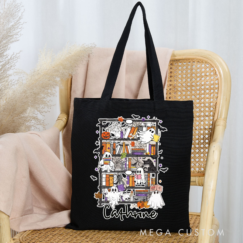 Personalized Cute Ghost Reading Tote Bag Custom Book Lover Bag with Name Halloween Librarian Bag Book Lover Gift Halloween Gift Bookish Gift