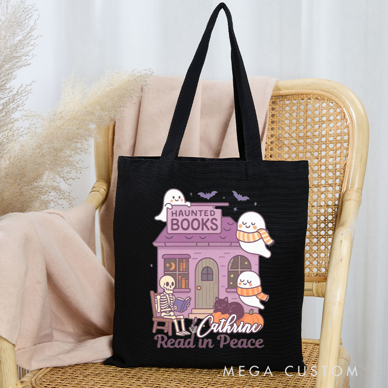 Personalized Read in Peace Tote Bag Custom Halloween Bookstore Bag with Name Trick or Treat Tote Bag Book Lover Gift Bookish Halloween Gift