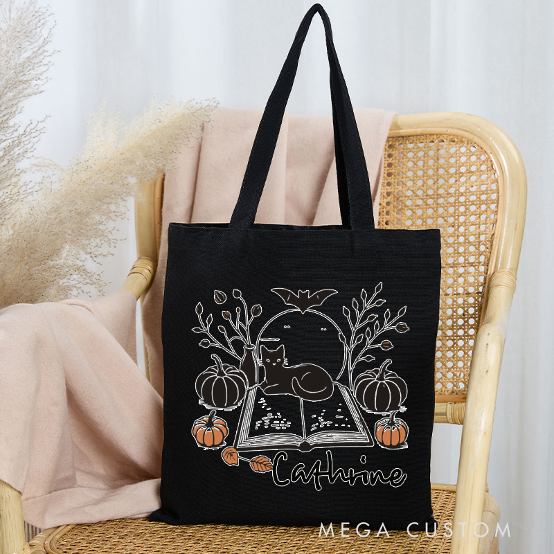 Personalized Halloween Book and Cat Tote Bag Custom Black Cats Bag with Name Bookish Bat Pumpkin Bag Book Lover Gift Librarian Gift Halloween Gift