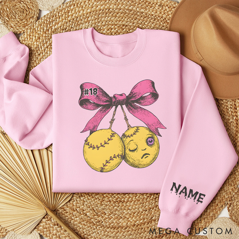 Personalized Halloween Softball Sweatshirt  with Custom Name and Pink Bow Design
