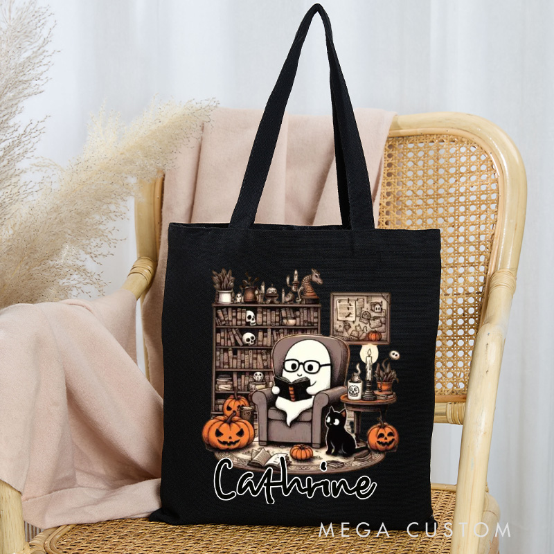 Personalized Retro Ghost Reading Books Tote Bag Custom Canvas Librarian Bag with Name Bookish Pumpkin Bag Book Lover Gift Reader Gift Halloween Gift