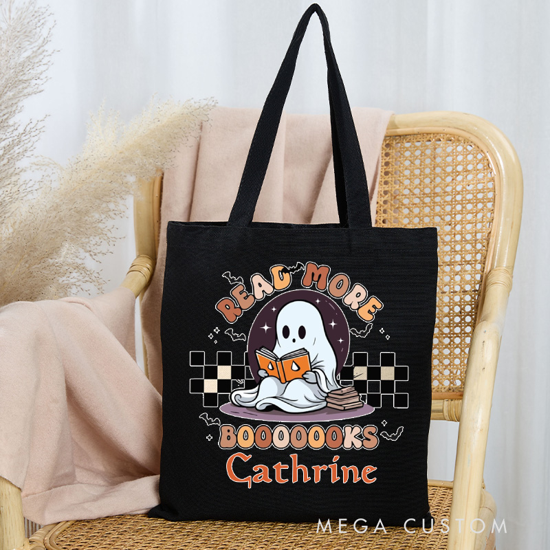 Personalized Read More Books Tote Bag Custom Ghost Book Lover Bag with Name Spooky Librarian Bag Book Lover Gift Reader Gift Halloween Gift