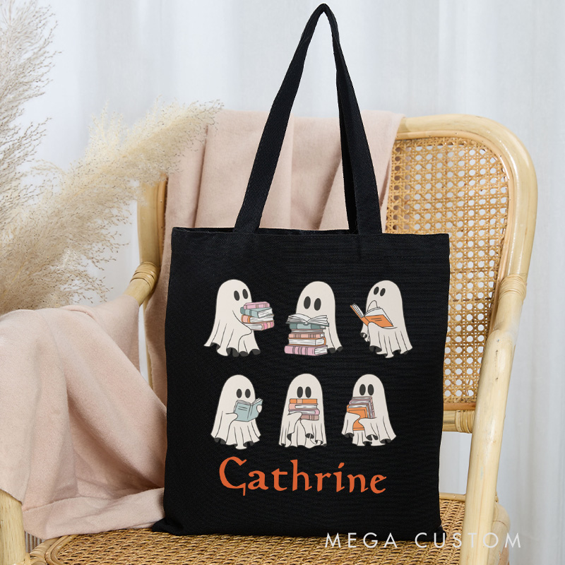 Personalized Ghost Reading Tote Bag Custom Book Lovers Halloween Bag with Name Librarian Bag Book Lover Gift Reading Lover Gift Halloween Gift