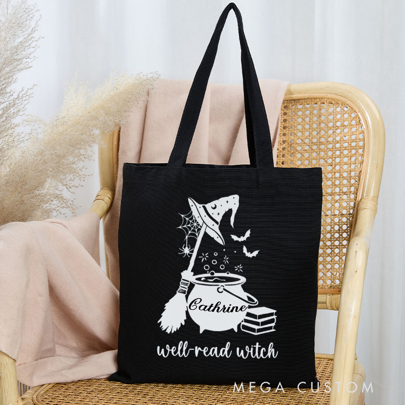Personalized Well Read Witch Tote Bag Custom Witch Book Bag with Name Scary Book Club Bag Book Lover Gift Reader Gift Halloween Gift