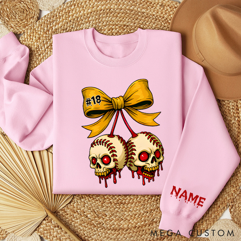 Personalized Halloween Themed Sweatshirt with Skull Baseballs and Custom Number