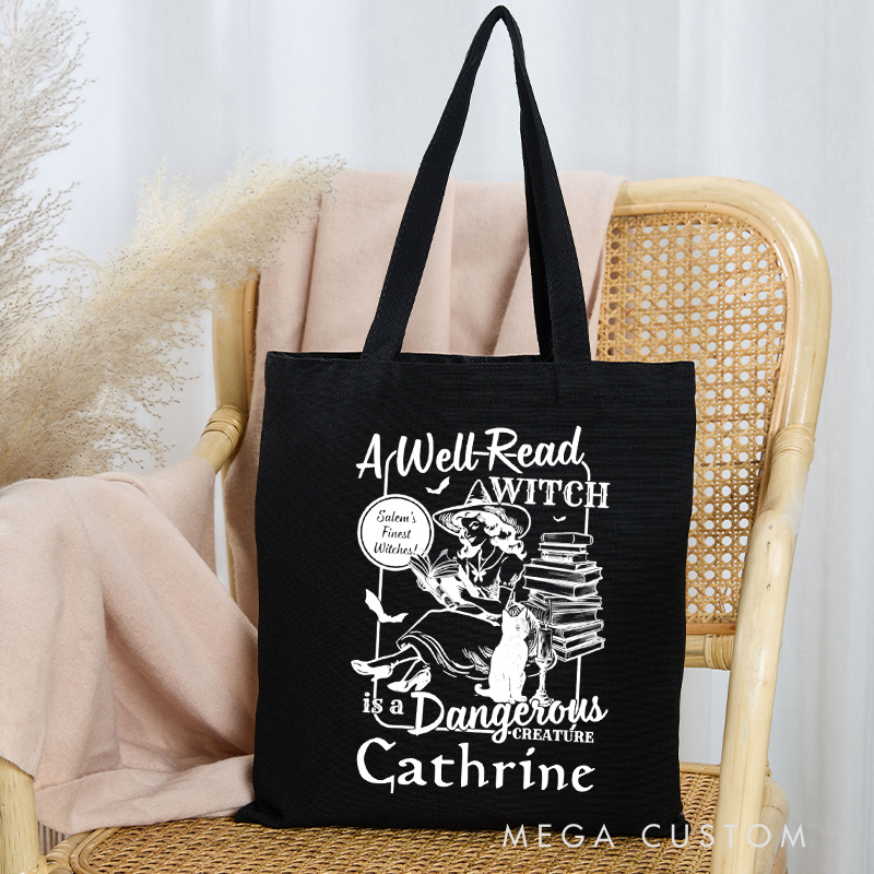 Personalized a Well Read Witch is a Dangerous Creature Tote Bag Custom Retro Book Club Bag with Name Black Cat Tote Bag Book Lover Gift Halloween Gift