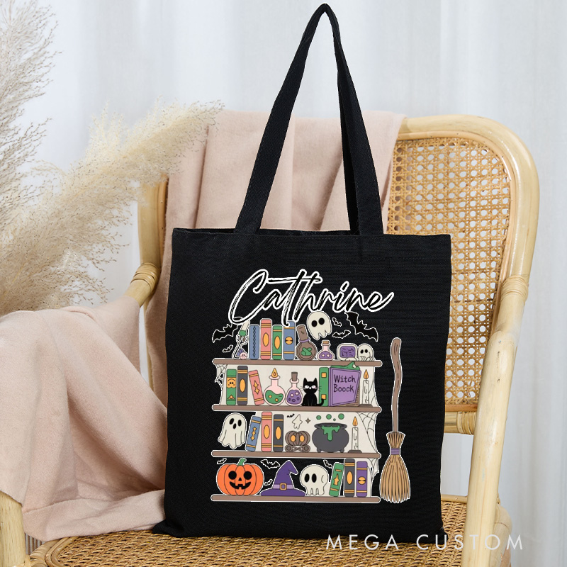 Personalized Ghost Tote Bag Custom Trick or Treat Canvas Bag with Name Black Cat Tote Bag Pumpkin Bag Book Lover Gift Halloween Gift Reader Gift