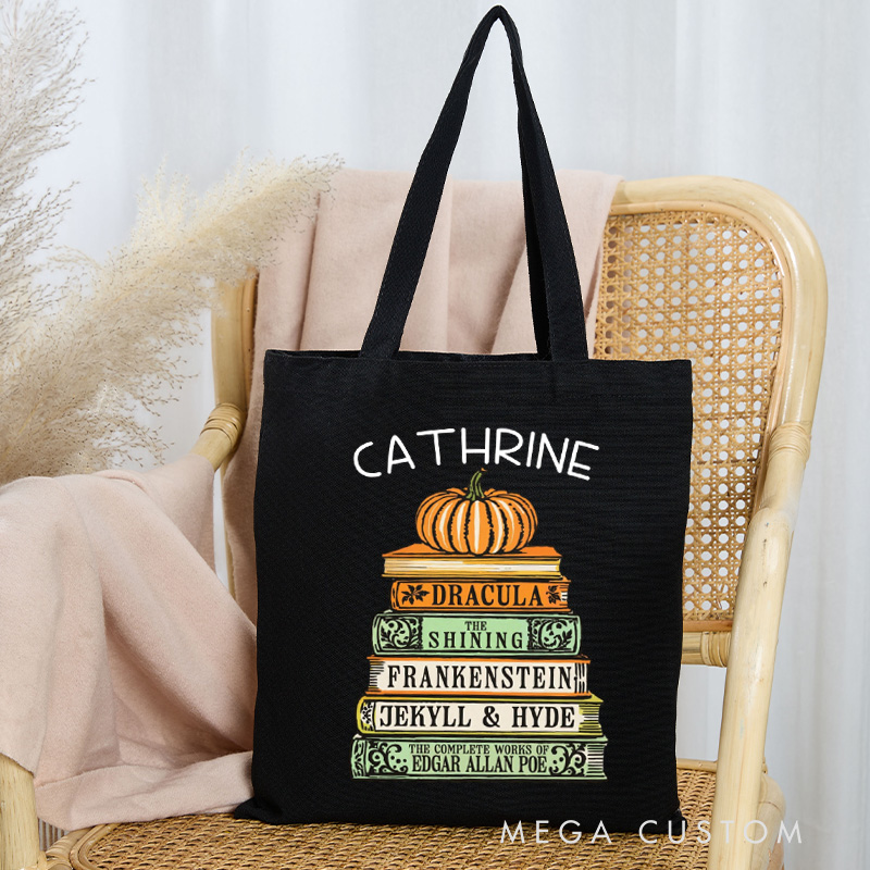 Personalized Book and Pumpkin Tote Bag Custom Horror Book Reader Bag with Name Scary Book Bag Book Lover Gift Halloween Gift Reader Gift