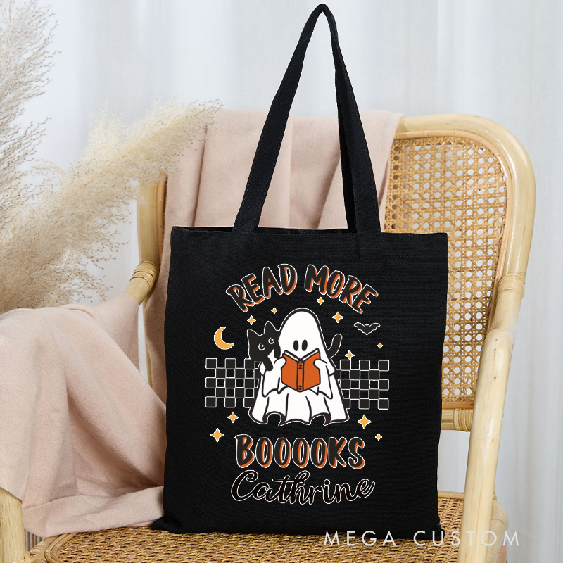 Personalized Read More Books Tote Bag Custom Reading Ghost Bag with Name Ghost and Black Cat Bag Book Lover Gift Halloween Gift Reading Gift