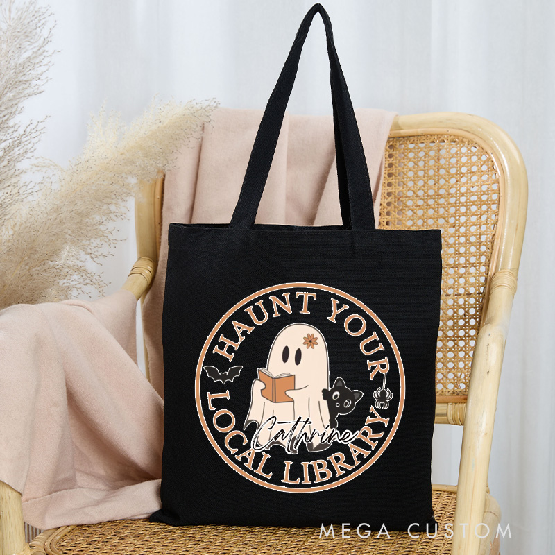 Personalized Haunt Your Local Library Tote Bag Custom Spooky Bookish Bag with Name Ghost and Cat Bag Book Lover Gift Halloween Gift Reading Gift