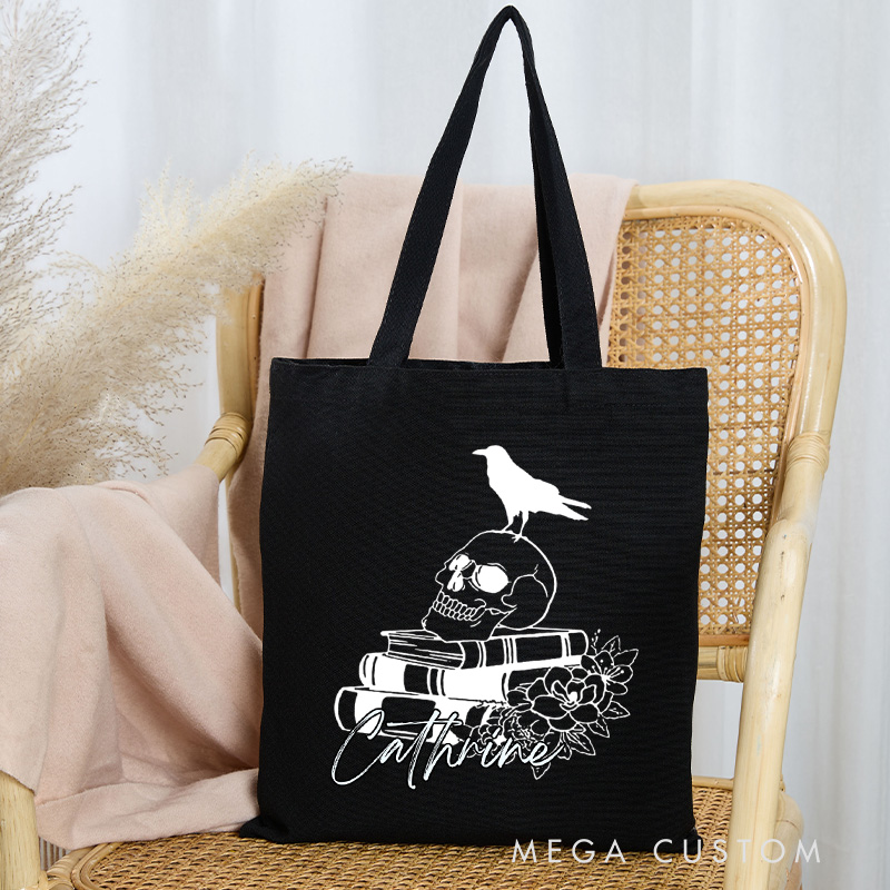 Personalized Floral Skull Book Tote Bag Custom Book Flowers Bag with Name Halloween Book Bag Book Lover Gift Halloween Gift