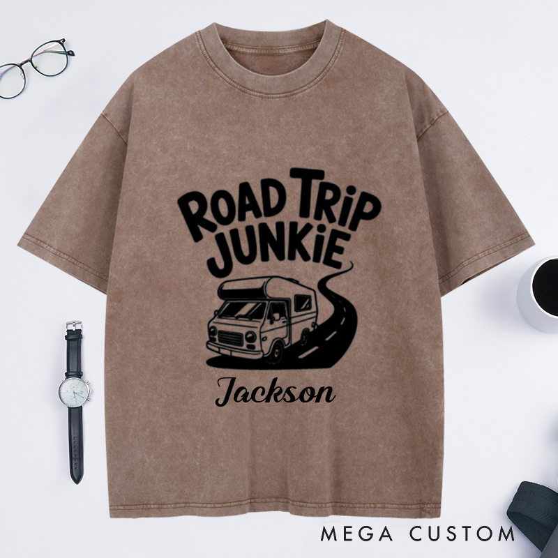 Personalized Road Trip Junkie Washed T-Shirt for Traveling Lovers Traveler Gifts Road Trip Tee