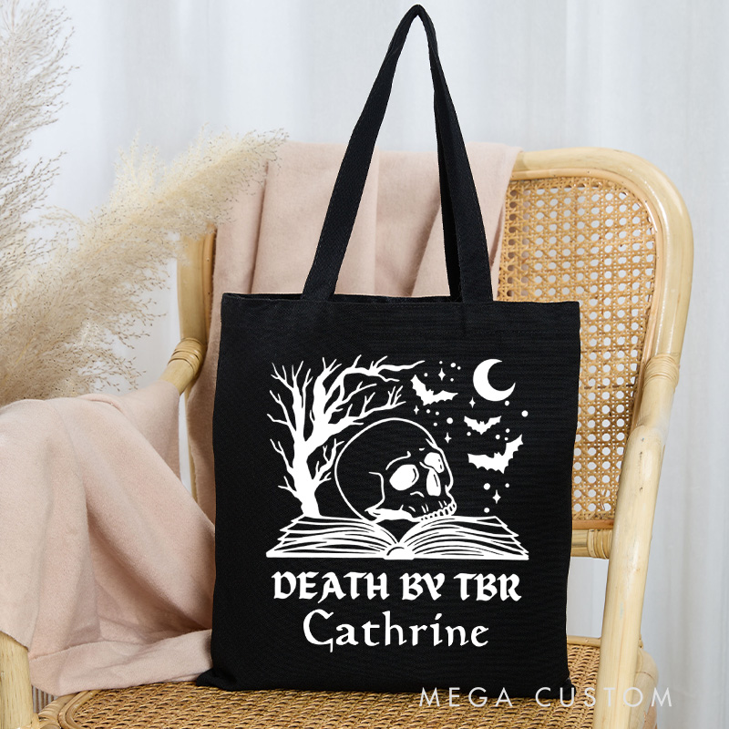 Personalized Death by TBR Tote Bag Custom Horror Reader Bag with Name Skull and Bat Book Bag Book Lover Gift Halloween Gift Bookish Gift