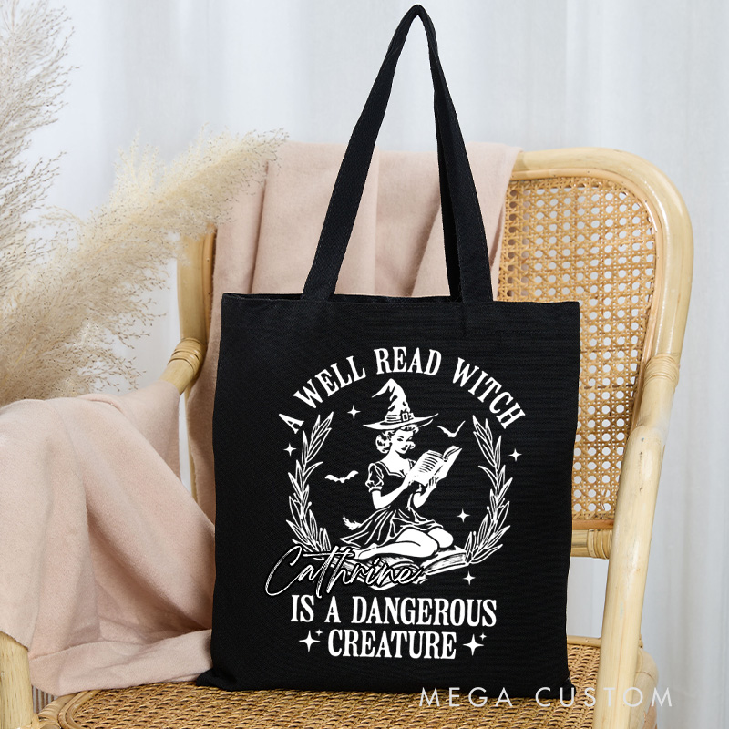 Personalized a Well Read Witch is a Dangerous Creature Tote Bag Custom Witchy Reader Bag with Name Book Lover Gift Halloween Gift Bookish Gift
