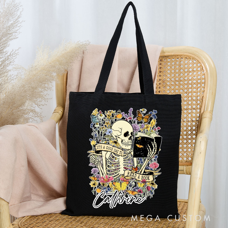Personalized It's a Good Day to Read a Book Tote Bag Custom Halloween Reading Skeleton Bag with Name Book Lover Gift Halloween Gift Bookish Gift