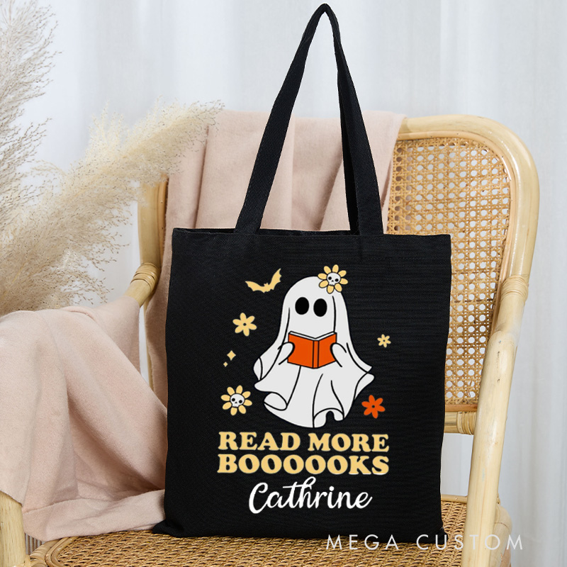 Personalized Read More Books Tote Bag Custom Halloween Reading Ghost Bag with Name Book Lover Gift Halloween Gift Bookish Gift