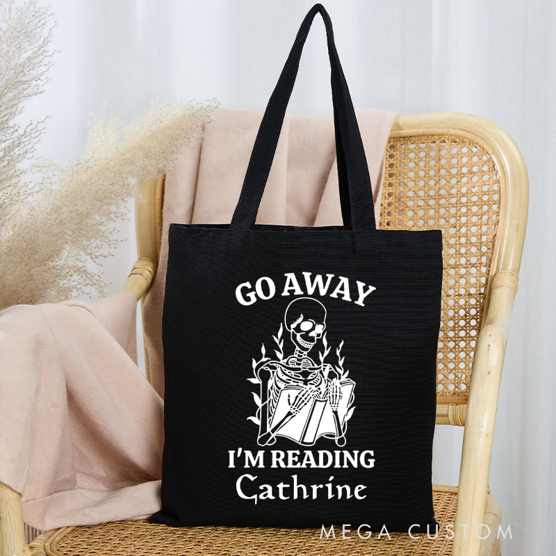 Personalized Go Away I'm Reading Tote Bag Custom Skeleton Reading with Name Dark Academia Bag Book Lover Gift Bookish Gift Librarian Gift