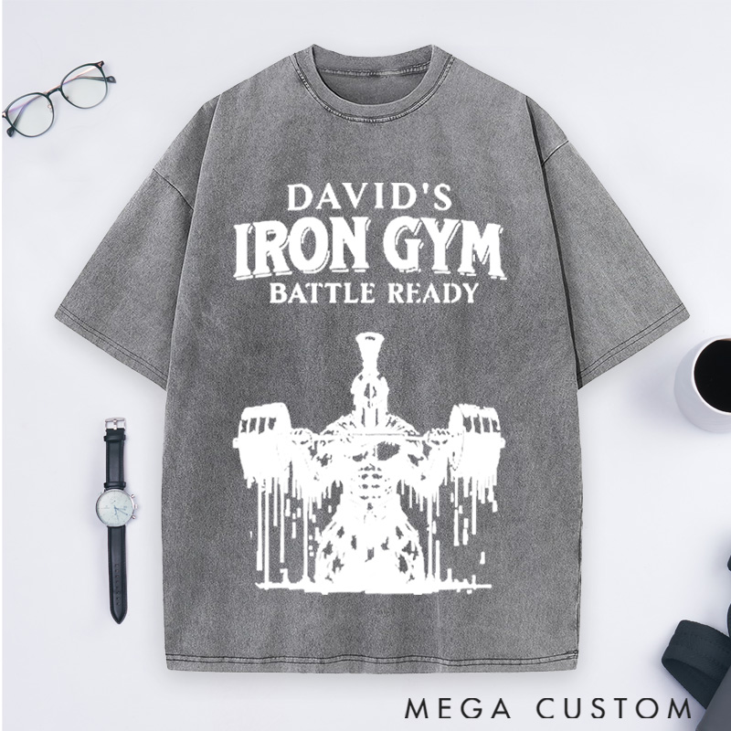 Personalized Gym Washed T-Shirts with Classic Soldier with Barbell Design for Fitness Enthusiasts Bodybuilders and Gym Lovers