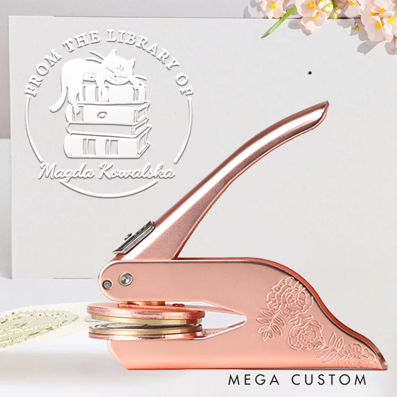 Personalized from the Library of Book Embosser Stamp Custom Book and Cat Stamp with Name Library Embosser Stamp for Book Lover Gift for Librarian