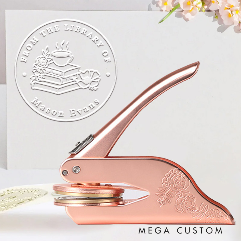 Personalized Book and Coffee Book Embosser Stamp Custom from the Library of Stamp with Name Library Embosser Book Lover Gift for Librarian