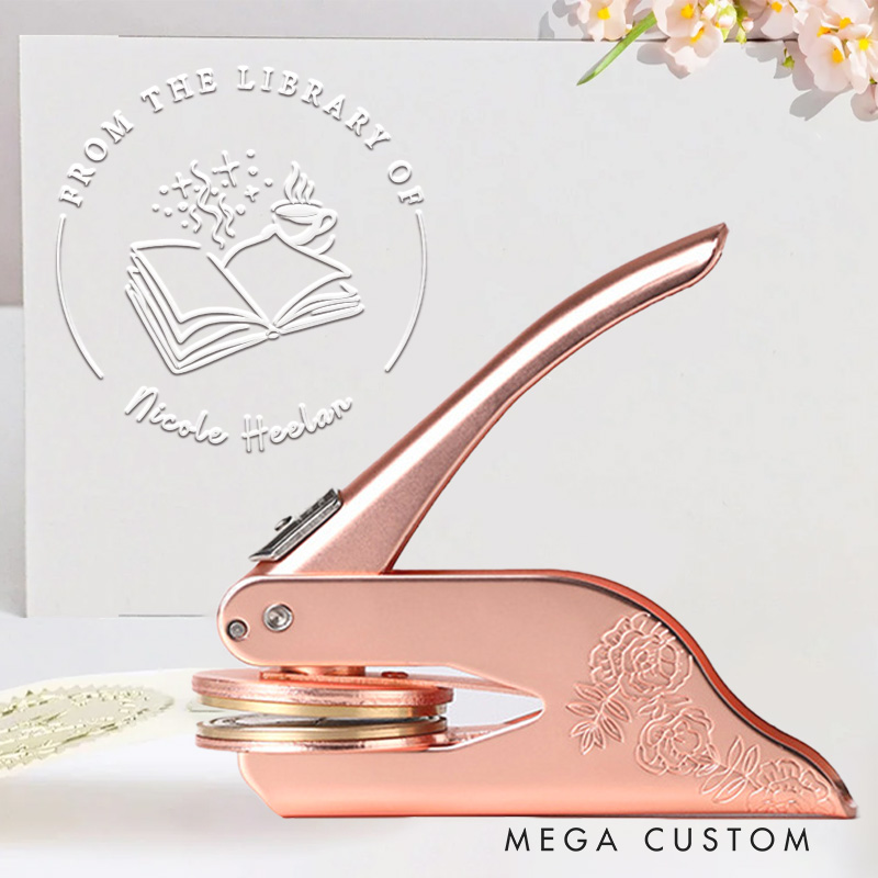 Personalized Book and Coffee Book Embosser Stamp from the Library of Stamp Library Embosser with Name Bookish Gift Book Lover Gift for Librarian
