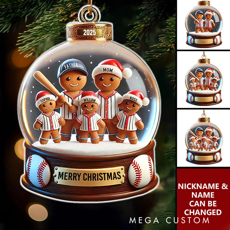 Personalized Acrylic Baseball Themed Christmas Ornament Featuring Gingerbread Family