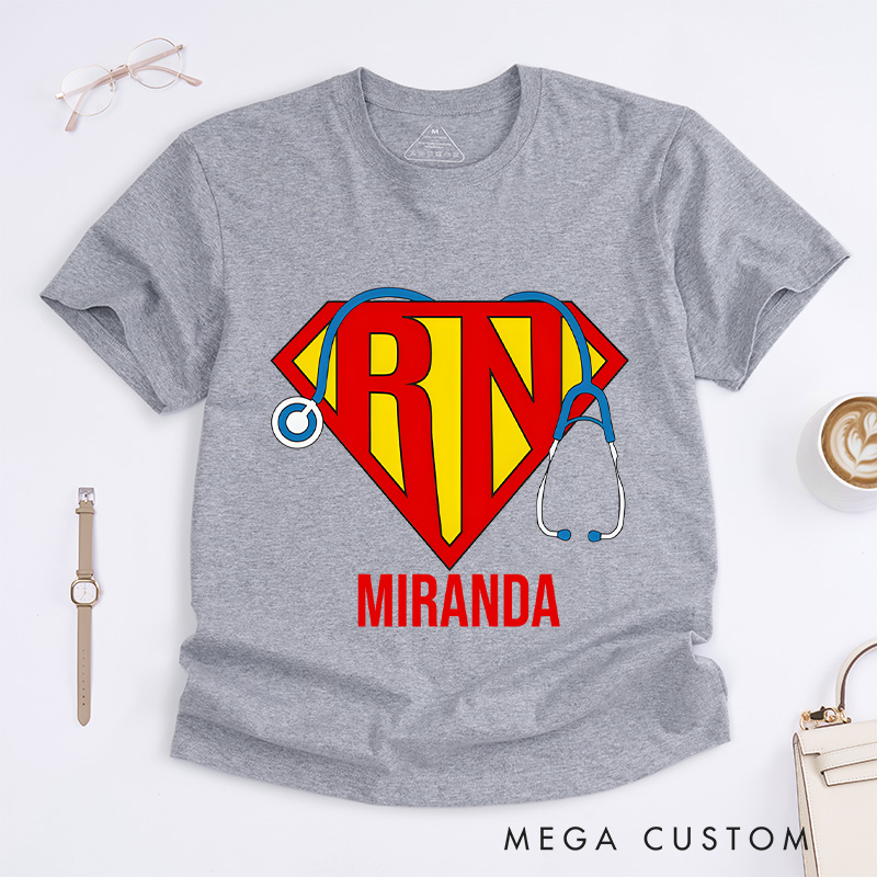 Personalized Nurse T-Shirts Super RN Hero Shield Fashion Design T-Shirts