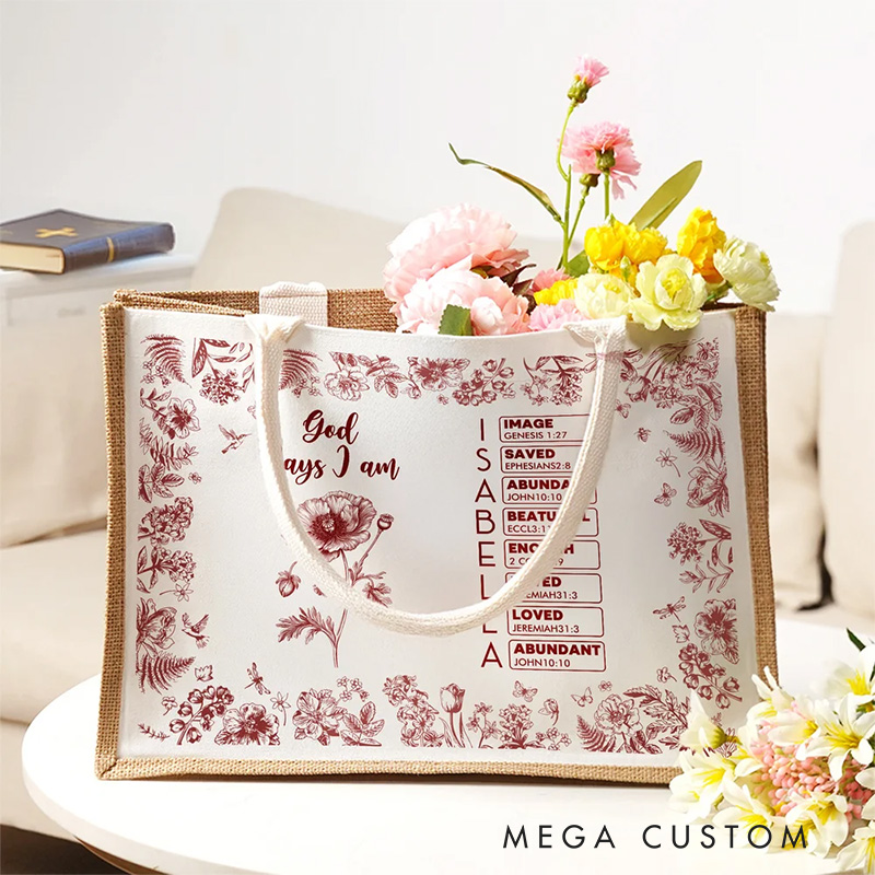 Personalized Toile De Jouy Birth Flower Bible Chapter Name Large Capacity Jute Tote Bag Baptism Birthday Christmas Gift for Women Christians