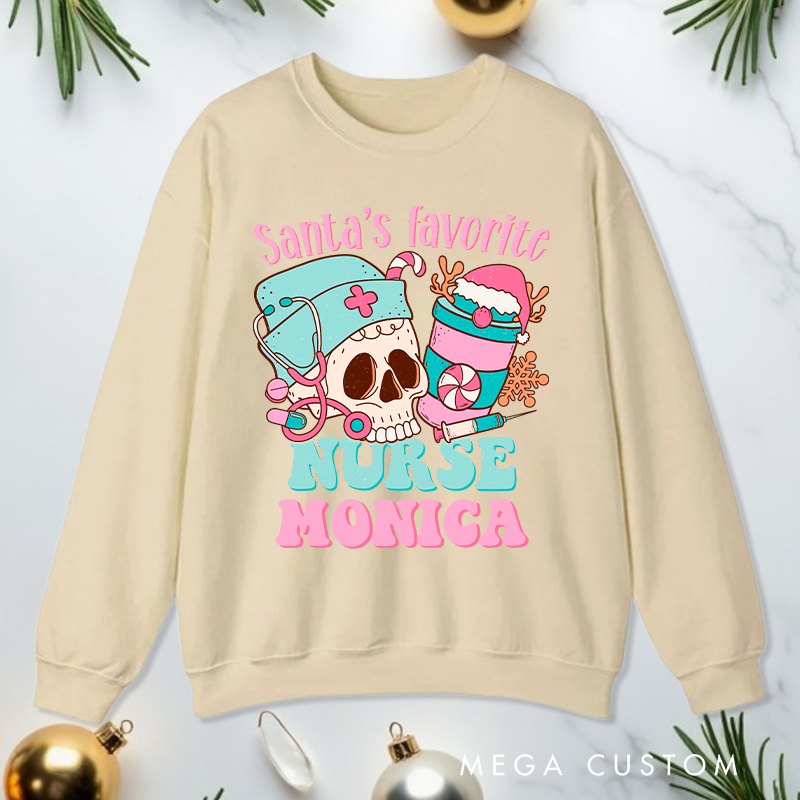 Personalized Nurse Sweatshirt Customized Santa's Favorite Nurse Design Sweatshirt Nurse Christmas Gifts 