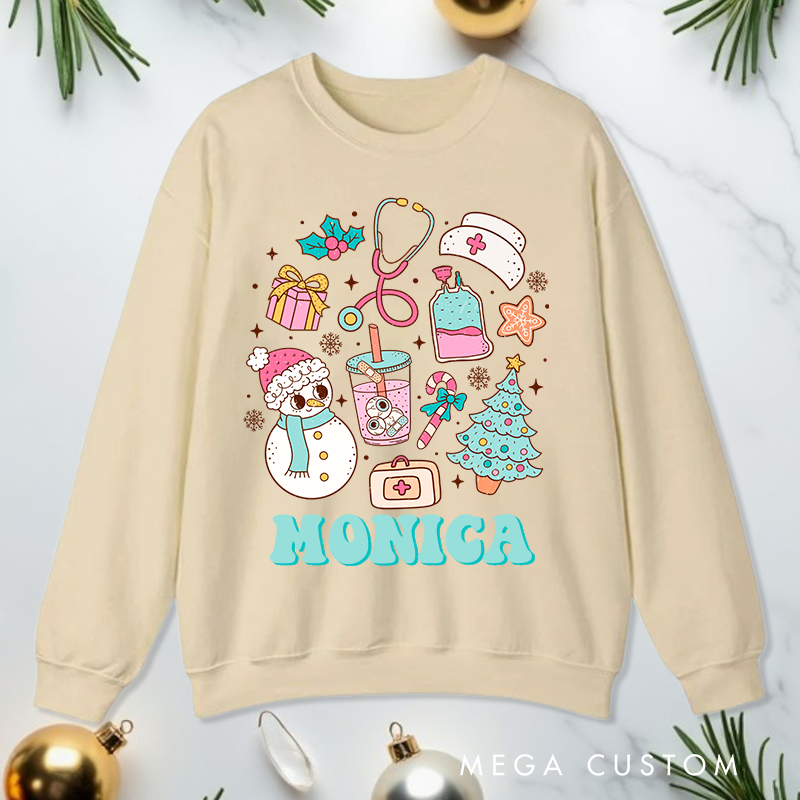 Personalized Nurse Sweatshirt Customized Festive Nurse Icons Design Sweatshirt Nurse Christmas Gifts 