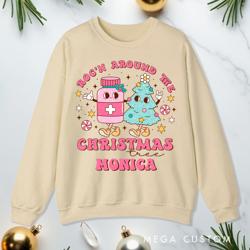 Personalized Nurse Sweatshirt Customized Rock'n Around the Christmas Tree Design Sweatshirt Nurse Christmas Gifts 