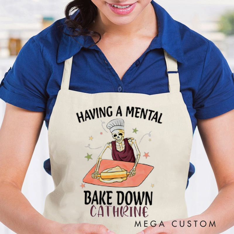 Personalized Having a Mental Bake Down Aprons Skeleton Baker Apron with Name Halloween Baking Apron for Baking Lover Gift
