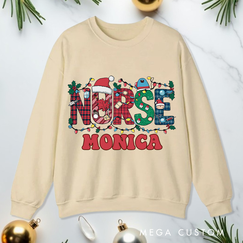Personalized Nurse Sweatshirt Customized Festive Nurse Christmas Lights Design Sweatshirt Nurse Christmas Gifts 