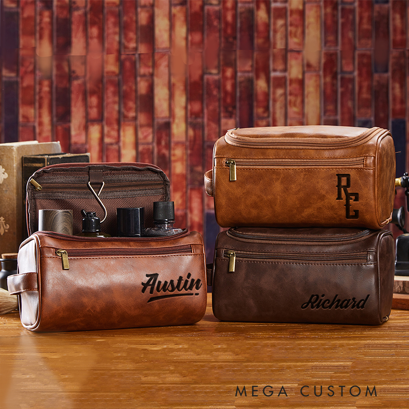 Personalized Classic American Graphic Leather Dopp Kit Art Lover Mens Leather Toiletry Bag Engraved Dopp Bag Gift For Men