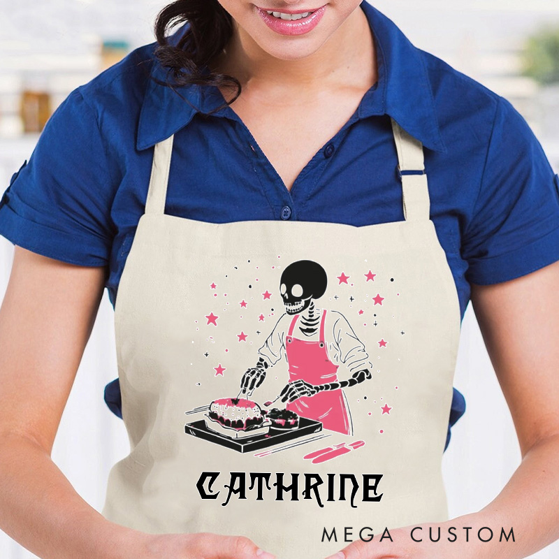 Personalized Skeleton Baking Aprons Pastel Creepy Baker Apron Halloween Spooky Skeleton Apron with Pocket for Baking Lover Gift