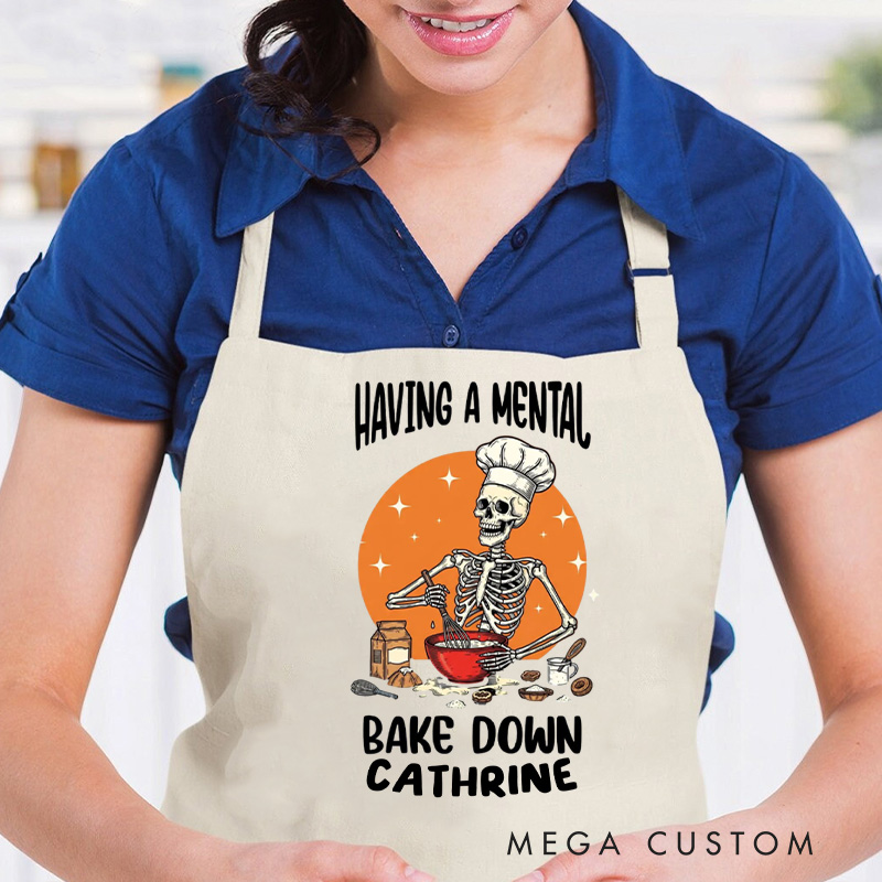 Personalized Having a Mental Bake Down Halloween Skeleton Apron with Pocket Kitchen Gift For Bakers with Name Baking Lover Gift