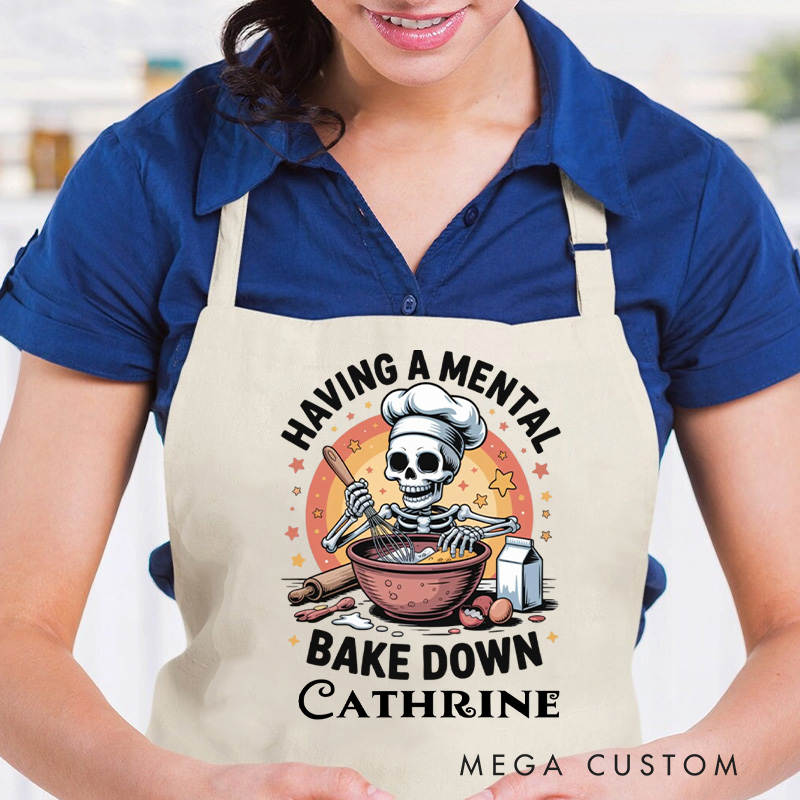Personalized Having a Mental Bake Down Skeleton Apron Halloween Skeleton Baker with Pocket Kitchen Gift For Bakers Baking Lover Gift