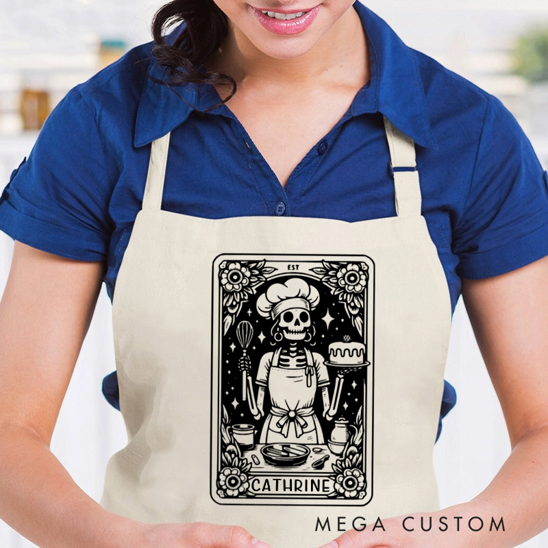 Personalized Skeleton Baker Tarot Apron Halloween Gothic Spooky Baker with Pocket Kitchen Gift For Bakers Baking Lover Gift