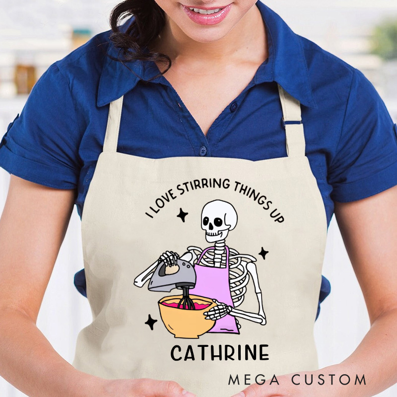 Personalized I Love Stirring Things Up Apron Halloween Skeleton Baker Apron with Pocket Kitchen Gift For Bakers Baking Lover Gift