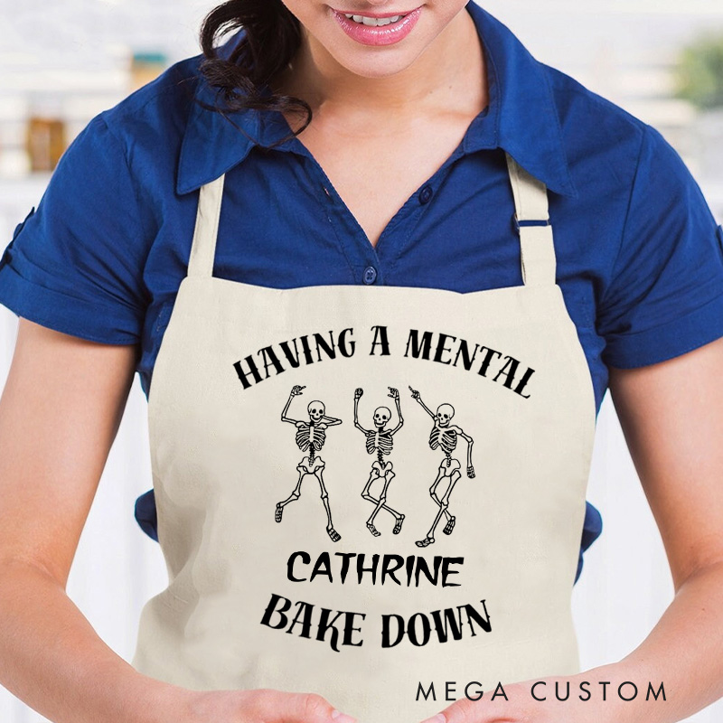 Personalized Mental Bake Down Apron Halloween Skeleton Baker Apron with Name Spooky Baking Apron for Baking Lover Gift