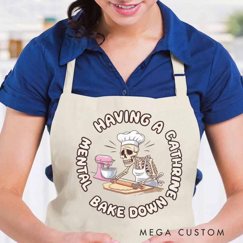 Personalized Having a Mental Bake Down Apron Halloween Skeleton Baker Apron Spooky Baking Apron with Name for Baking Lover Gift