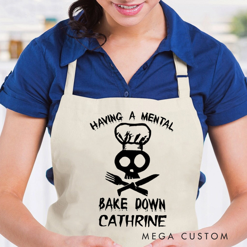 Personalized Having a Mental Bake Down Halloween Apron Skeleton Baker Apron Spooky Custom Baking Apron with Name for Baking Lover Gift
