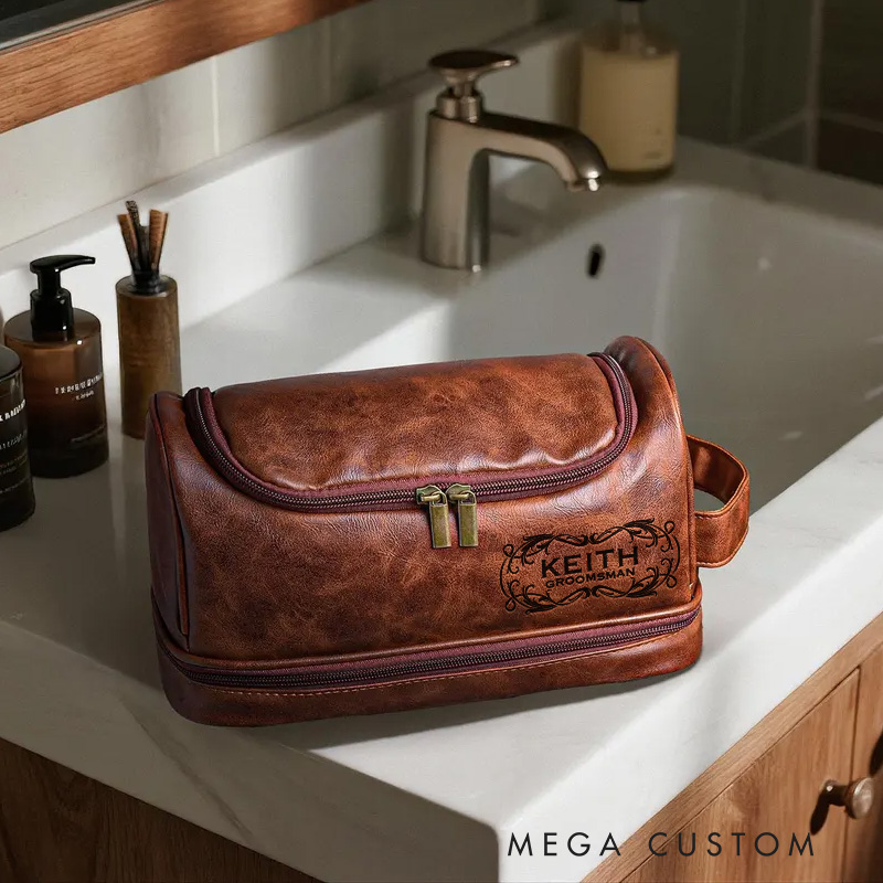 Personalized Art Nouveau Graphic Hanging Leather Dopp Kit Art Lover Mens Leather Toiletry Bag Engraved Dopp Bag Gift For Men