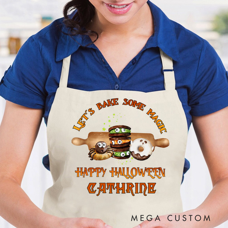 Personalized Let's Bake Some Magic Apron Happy Halloween Apron Custom Spooky Baking Apron with Name for Baking Lover Gift