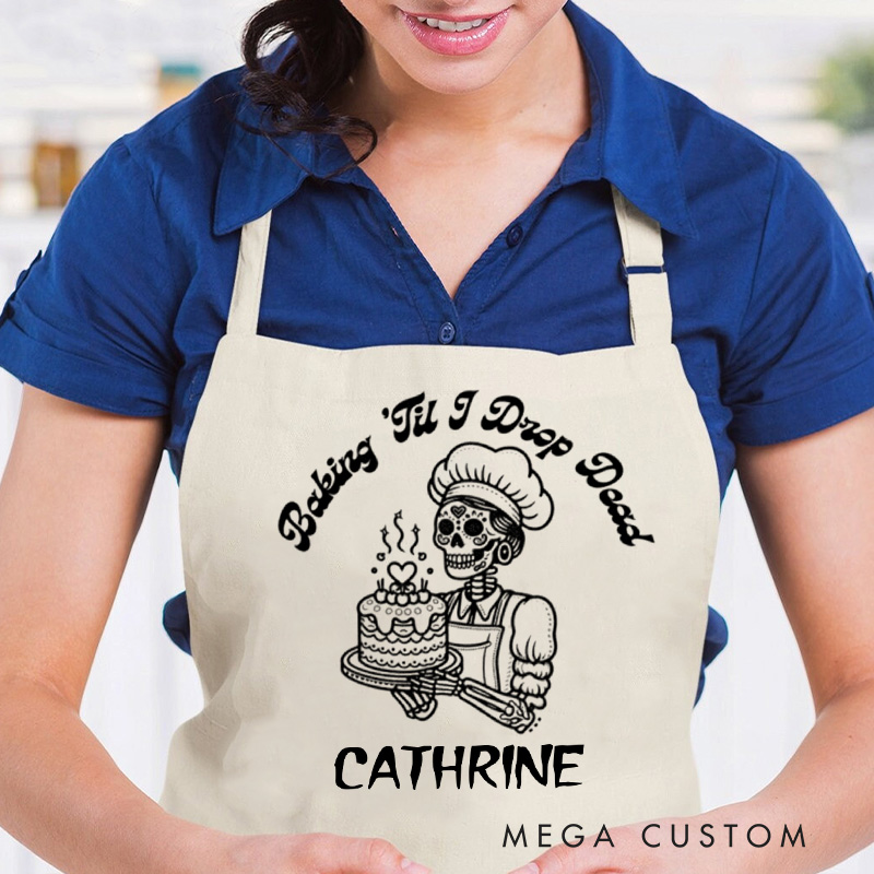 Personalized Baking Til I Drop Dead Apron Custom Halloween Skeleton Apron with Name Spooky Baking Apron for Baking Lover Gift