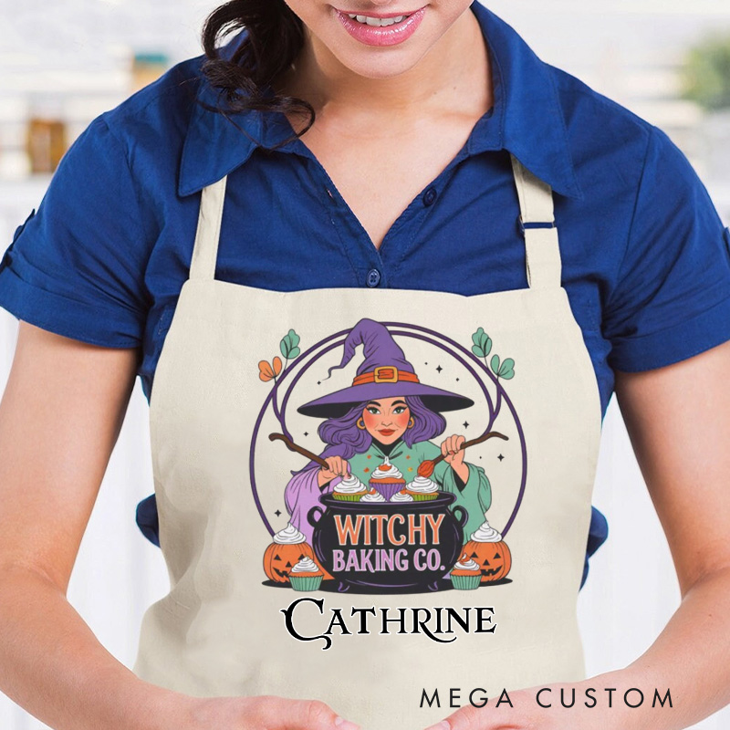 Personalized Witchy Baking Apron Custom Witchy Baker Apron with Name Halloween Apron with Pocket for Baking Lover Gift