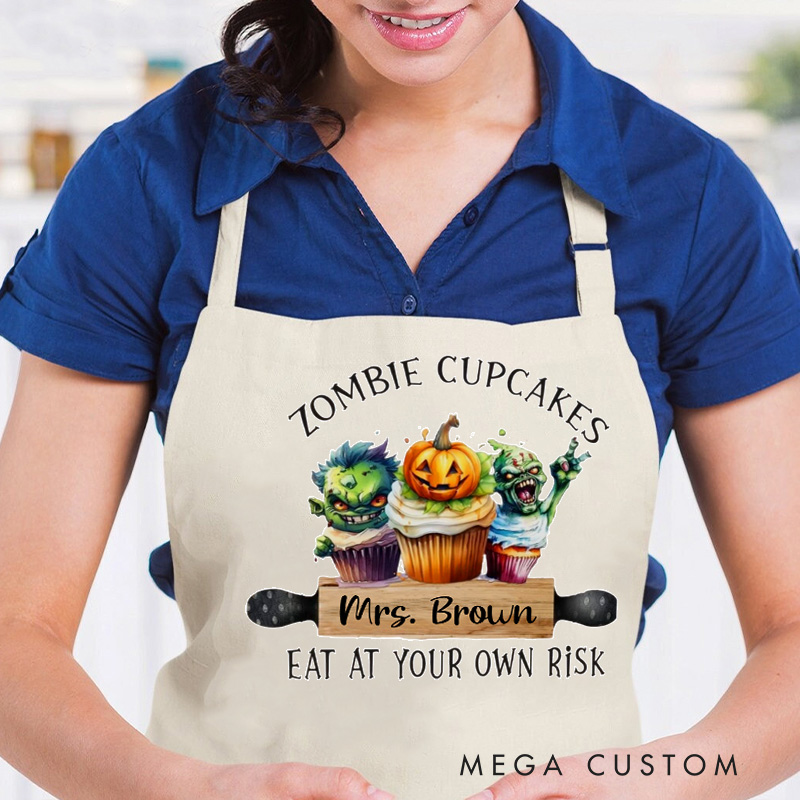 Personalized Welcome to My Kitchen Apron Custom Zombie Cupcakes Baker Apron with Name Halloween Horror Apron with Pocket for Baking Lover Gift